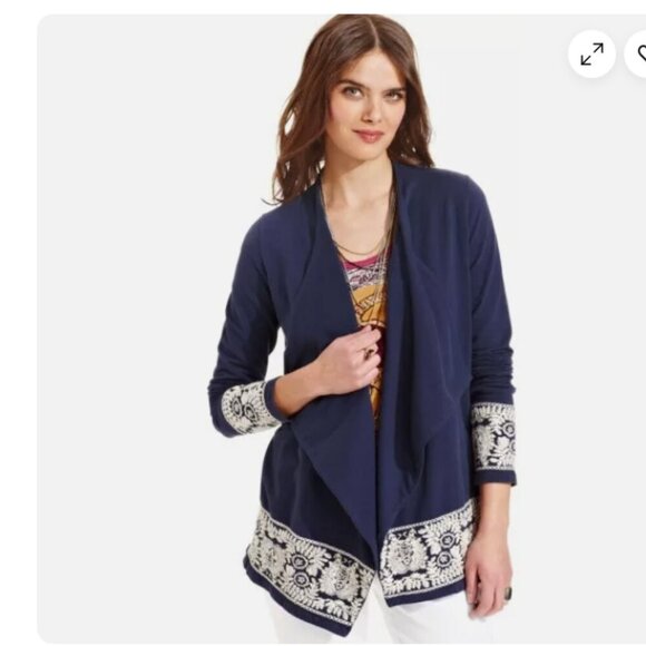 Lucky Brand Navy Blue Embroidered 3/4 Sleeve Cardigan Sweater LARGE - Picture 1 of 6